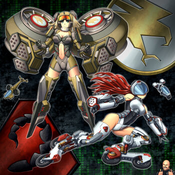 1boy 2girls aqua_eyes arm_mounted_weapon bare_shoulders blonde_hair breasts clenched_hands command_&amp;_conquer commentary covered_eyes creature_and_personification cyborg double_thumbs_up english_commentary facing_viewer goggles goggles_on_head highres inline_skates long_hair looking_at_viewer mecha_musume mechanical_arms mechanical_legs medium_breasts missile_pod multiple_girls personification red_hair roller_skates skates substance20 thumbs_up