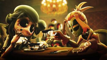 2girls 3d black_sclera bodysuit chair colored_sclera cup cyn_(murder_drones) female_focus glitch_productions gloves highres looking_at_another medium_hair melancholy_hill multiple_girls murder_drones official_art on_chair orange_hair red_eyes robot skinsuit symbol-shaped_pupils teacup the_gaslight_district upper_body voice_actor_connection x_x