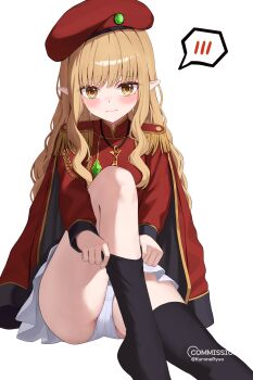 1girl absurdres ass beret black_thighhighs blonde_hair blush brooch cape commentary commission elf embarrassed english_commentary epaulettes hat highres jacket jewelry key key_necklace knee_up kurone_(kurone_ryuo) long_hair long_sleeves looking_at_viewer necklace original panties pantyshot pleated_skirt pointy_ears putting_on_legwear red_cape red_hat red_jacket revision simple_background sitting skirt solo speech_bubble spoken_blush thighhighs thighs twitter_username two-tone_panties underwear wavy_hair white_background white_panties white_skirt yellow_eyes