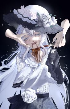 1girl 1other absurdres black_background black_gloves blood bloody_knife bloody_tears bloody_weapon blue_eyes censored crying death decapitation disembodied_hand dress execution flower frilled_dress frilled_sleeves frills gloves guro hat hat_flower highres holding holding_knife holding_weapon knife long_hair long_sleeves looking_at_viewer magical_girl mahou_shoujo_no_majo_saiban mosaic_censoring ryona simple_background solo spoilers sugararu tsukishiro_yuki upper_body weapon white_dress white_flower white_hair white_hat