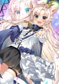 1girl :d absurdres animal_ears antenna_hair belt black_belt black_skirt blonde_hair blue_eyes blue_flower blue_rose blush boots braid breasts cat_ears cat_tail commentary_request commission crown epaulettes fang flower hair_ornament highres jacket long_hair looking_at_viewer mini_crown open_mouth original parted_bangs reaching reaching_towards_viewer rose screen skeb_commission skirt smile solo stage tail thigh_belt thigh_boots thigh_strap white_boots white_jacket yam_(yamap_mako)