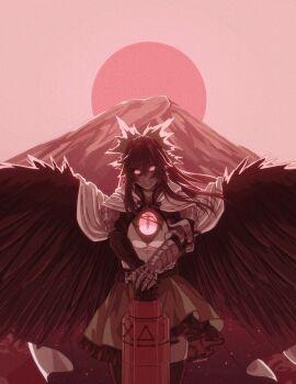 1girl absurdres arm_cannon armor backlighting belt black_hair black_jacket black_skirt black_thighhighs black_wings cape circle commentary control_rod_(touhou) cowboy_shot cropped_jacket english_commentary feathered_wings floating_hair gauntlets glowing glowing_eyes green_overskirt green_skirt hair_between_eyes head_tilt highres holding holding_weapon jacket long_hair long_sidelocks long_sleeves looking_at_viewer miniskirt mountain muted_color overskirt pauldrons planted planted_gun ponytail print_cape red_circle red_eyes red_theme reiuji_utsuho rerebrace shirt shoulder_armor sidelocks signature single_couter single_gauntlet single_vambrace skirt solo spread_wings starry_sky_print straight-on sun thighhighs third_eye touhou two-sided_cape two-sided_fabric ultragruntyy vambraces weapon white_cape white_shirt wings zettai_ryouiki