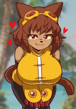 1girl alternate_breast_size_(larger) animal_ears bare_shoulders beach black_pants blush border breasts brown_hair cat_ears cat_girl cat_tail closed_mouth commentary cowboy_shot dark-skinned_female dark_skin dress fang fang_out furry furry_female gameoverse gloves goggles goggles_on_head hair_between_eyes hands_on_own_thigh heart highres kit_bodega leaning_forward looking_at_viewer outline pants red_eyes red_gloves seireiart short_hair sidelocks sleeveless sleeveless_dress smile solo tail tan twitter_username watermark white_border white_outline yellow_dress yellow_gauntlets