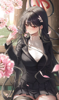 Rule 34 | 1girl, absurdres, bench, black hair, black halo, black jacket, black skirt, blue archive, blush, branch, breasts, cherry blossoms, closed mouth, commentary, day, falling petals, flower, hair behind ear, hair ornament, hairclip, halo, hand up, highres, holding, holding branch, jacket, large breasts, light blush, long hair, long sleeves, looking at object, mohaka (m 0haka), multicolored halo, on bench, outdoors, petals, pink flower, pink petals, pleated skirt, red eyes, red halo, rio (blue archive), sitting, skirt, smile, solo, straight hair, sweater, thigh strap, tree, turtleneck, turtleneck sweater, twitter username, two-tone halo, upper body, very long hair, white sweater
