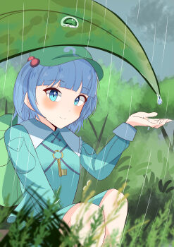 1girl absurdres backpack bag blue_eyes blue_hair blue_shirt blue_skirt blunt_bangs blush closed_mouth commentary_request contrast_collar frilled_shirt_collar frills gasubanana green_bag green_hat hair_bobbles hair_ornament hat highres kawashiro_nitori key long_sleeves looking_at_viewer medium_hair newsboy_cap partial_commentary rain shirt skirt smile solo squatting touhou tree water_drop