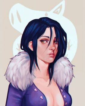 1girl black_hair breasts cleavage fur_trim medium_breasts medium_hair merlin_(nanatsu_no_taizai) nanatsu_no_taizai orange_eyes parted_lips portrait solo viconbekon