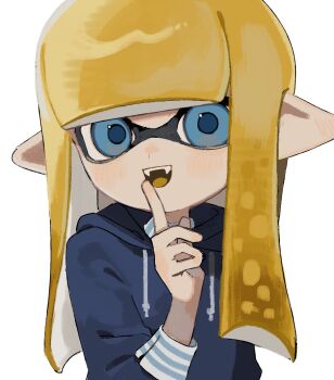 1girl blonde_hair blue_eyes blue_hoodie blue_pupils commentary fangs hood hoodie index_finger_raised inkling inkling_girl inkling_player_character long_hair looking_at_viewer nintendo open_mouth pointy_ears sabata_saba simple_background smile solo splatoon_(series) splatoon_3 teeth tentacle_hair upper_body upper_teeth_only white_background