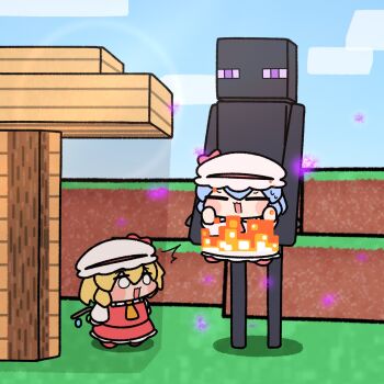 1other 2girls :3 arms_up blank_eyes blonde_hair blush_stickers burning carrying carrying_person chibi closed_eyes crystal_wings day dress enderman flandre_scarlet hair_between_eyes hat highres in-universe_location looking_at_another looking_at_viewer minecraft mob_cap multiple_girls open_mouth outdoors pink_dress pink_hat puffy_short_sleeves puffy_sleeves red_shoes red_skirt remilia_scarlet shirt shoes short_hair short_sleeves skirt skirt_set sweatdrop touhou white_hat white_shirt wings y75zei