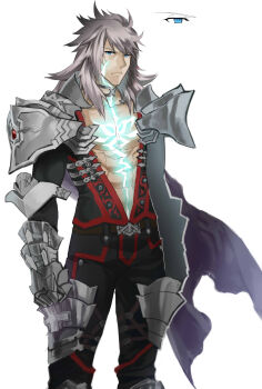 1boy armor blue_eyes cowboy_shot dark_skin dark-skinned_male fate/apocrypha fate_(series) glowing_markings highres long_hair male_focus muscular siegfried_(fate) solo standing v-neck white_hair ycco_(estrella)