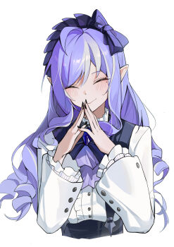 1girl absurdres adapted_costume ascot black_nails bow breasts center_frills closed_eyes closed_mouth commentary facing_viewer fingernails frills hair_bow hands_up highres light_blush long_fingernails long_hair long_sleeves medium_breasts mole mole_under_eye multicolored_hair nail_polish pointy_ears purple_ascot purple_bow purple_hair sharp_fingernails shirt sidelocks simple_background smile solo steepled_fingers streaked_hair szi_f vivian_banshee white_background white_shirt zenless_zone_zero