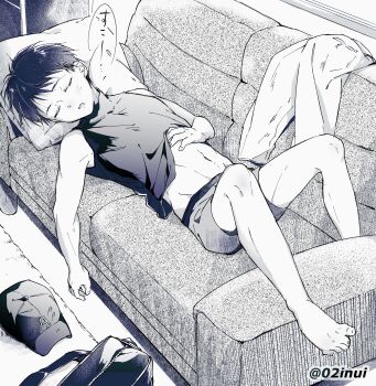 02inui 1boy absurdres barefoot clothes_lift hat highres lying male_focus midriff_peek monochrome on_back open_mouth original shirt shirt_lift short_hair sleeping sleeveless sleeveless_shirt solo underwear