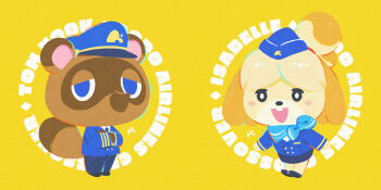 Rule 34 | 1boy, 1girl, animal crossing, animal ears, blue eyes, chibikemo, crossed arms, dog ears, dog girl, dog tail, hat, highres, isabelle (animal crossing), nintendo, open mouth, pilot uniform, raccoon boy, raccoon ears, raccoon tail, roy (pixiv992911), tail, tom nook (animal crossing), travel attendant, yellow background