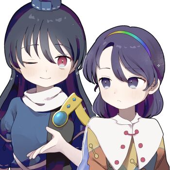 2girls armor black_hair blue_dress blue_gemstone blue_hairband blue_hat cloak closed_mouth dress gem green_dress green_hairband hair_between_eyes hairband hand_up hat highres iizunamaru_megumu juliet_sleeves long_hair long_sleeves looking_at_another multicolored_dress multicolored_hairband multiple_girls one_eye_closed orange_dress orange_hairband patchwork_clothes puffy_long_sleeves puffy_sleeves purple_eyes purple_hair purple_hairband red_eyes red_hairband s_hirono28 short_hair shoulder_armor sky_print smile tenkyuu_chimata tokin_hat touhou upper_body white_cloak yellow_dress yellow_hairband