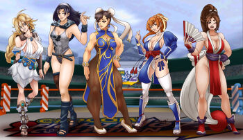 5girls bare_shoulders black_hair blonde_hair boxing_ring breasts brown_hair capcom chun-li cleavage crossover dead_or_alive fatal_fury female_focus full_body genv02 hair_bun highres kasumi_(doa) kazama_jun large_breasts leotard long_hair medium_breasts multiple_girls ninja no_bra one_eye_closed pelvic_curtain shiranui_mai short_hair sideboob sleeveless sophitia_alexandra soul_calibur street_fighter tekken the_king_of_fighters thighhighs wide_hips wink