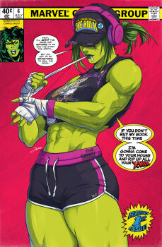 1girl abs alternate_costume artist_name bandaged_hand bandages bare_shoulders black_hat black_shorts character_name colored_skin commentary copyright_name covered_eyes english_text green_hair green_skin hat headphones highres jennifer_walters jhony_caballero marvel midriff muscular muscular_female she-hulk shorts solo speech_bubble sweat