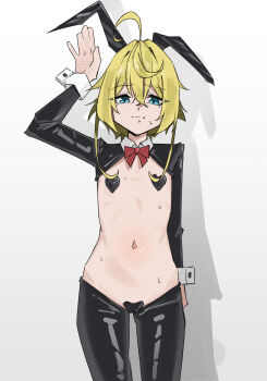 1girl absurdres ahoge animal_ears black_hiphighs black_shrug blue_eyes bow bowtie closed_mouth fake_animal_ears flat_chest heart_maebari heart_pasties highres hiphighs latex latex_hiphighs latex_shrug loli looking_at_viewer maebari mizu11116 navel pasties rabbit_ears red_bow red_bowtie reverse_bunnysuit reverse_outfit shirt shrug_(clothing) solo standing sweat tanya_degurechaff white_background white_shirt youjo_senki