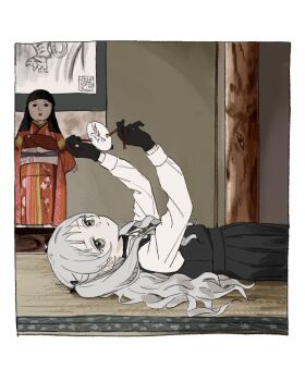 1girl arms_up black_dress black_gloves closed_mouth collared_shirt commentary_request cowboy_shot dress expressionless from_side gloves gomibako_(gomibako_price) green_eyes grey_hair hanging_scroll highres holding holding_toy ichimatsu_doll indoors long_hair looking_to_the_side lying on_back on_floor original pale_skin pinafore_dress scroll shirt sleeveless sleeveless_dress solo tatami thaumatrope toy two_side_up white_shirt yukino_kanna_(gomibako_(gomibako_price))