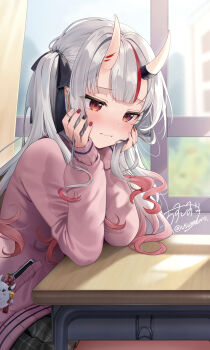 1girl blush cardigan center-flap_bangs character_charm charm_(object) classroom closed_mouth collared_shirt commentary day desk gradient_hair grey_hair grey_skirt hair_between_horns hair_ribbon hands_on_own_cheeks hands_on_own_face hands_up highres hololive horns indoors long_hair miniskirt multicolored_hair nakiri_ayame oni pink_cardigan plaid_clothes plaid_skirt pleated_skirt poyoyo_(nakiri_ayame) red_eyes red_hair ribbon school_desk shirt sidelocks sitting skin-covered_horns skirt solo streaked_hair symbol-only_commentary twintails usushio virtual_youtuber wavy_hair white_shirt window