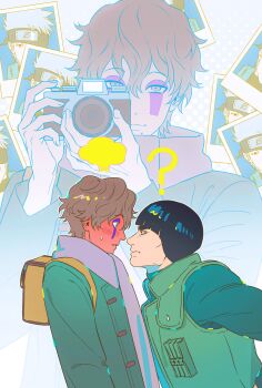 2boys ? absurdres backpack bag black_hair blunt_bangs blush bodysuit bowl_cut brown_eyes brown_hair camera cheekbones commentary_request dual_persona facial_mark flak_jacket furrowed_brow green_bodysuit green_jacket green_vest grey_hair grey_scarf hair_between_eyes hatake_kakashi headband_over_one_eye highres holding holding_camera jacket konohagakure_symbol korean_commentary leaning_forward looking_at_another m0_mo_momo male_focus might_guy mole mole_under_mouth multiple_boys naruto_(series) naruto_shippuuden orange_bag parted_lips photo_(object) scarf short_hair spiked_hair sukea_(naruto) sweatdrop taking_picture thick_eyebrows upper_body vest wavy_hair