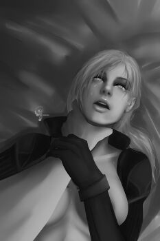 1boy 1girl albert_wesker asphyxiation boy_on_top breasts gloves greyscale hetero highres implied_rape implied_sex jacket jill_valentine kinky madbedlam messy_ponytail monochrome open_clothes open_jacket open_mouth ponytail rape resident_evil resident_evil_5 sex strangling tears