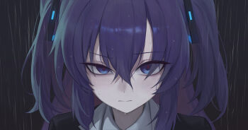 1girl absurdres black_jacket blue_archive closed_mouth collared_shirt commentary english_commentary expressionless hair_between_eyes heine_(haloo1101) highres jacket long_hair looking_at_viewer portrait purple_eyes purple_hair rain raised_eyebrow red_pupils school_uniform shirt sidelocks solo two_side_up wet white_shirt yuuka_(blue_archive)