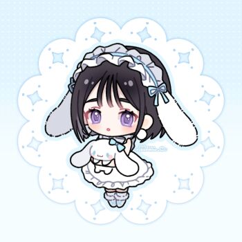 1girl :o alien_stage animal animal_ears artist_name black_hair boots chibi chibi_only cinnamoroll commentary dress floppy_ears full_body fuwa_fuwa_cinnamoroll highres holding holding_animal open_mouth rabbit rabbit_ears sanrio short_hair sleeveless sleeveless_dress socks standing sua_(alien_stage) symbol-only_commentary white_boots white_dress white_socks wispy_bangs yukomeow