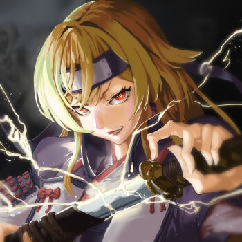1girl alternate_costume armor blonde_hair bow commentary_request dark_background edamamebatake electricity eyelashes furen_e_lustario grin haori head_down headband holding holding_sheath holding_sword holding_weapon japanese_armor japanese_clothes jinbaori katana light_particles long_hair looking_at_viewer magic nijisanji nobunaga_no_yabou orange_eyes purple_haori purple_headband red_bow red_lips samurai scabbard sheath shoulder_armor smile smirk sode solo sword unsheathing upper_body virtual_youtuber weapon