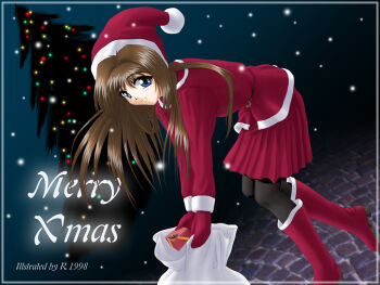 1girl black_pantyhose christmas female_focus hat holidays original outdoors pantyhose r's_wallpaper_studio santa_costume snowing solo