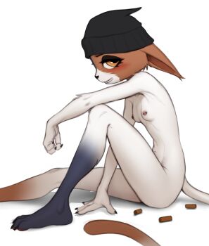 1girl animal_ears animal_feet animal_hands animal_nose arm_on_knee barefoot beanie black_fur black_hat blush body_fur breasts brown_fur cat_ears cat_girl cat_tail claws completely_nude ears_down feet female_focus fortnite from_side furry furry_female grin half-closed_eyes happy hat highres knee_up legs looking_at_viewer meow_skulls multicolored_fur navel nipple_piercing nipples nude orange_eyes pawpads piercing profile shell_casing simple_background sitting small_breasts smile solo tail teeth thighs toes wagadraws white_background white_fur