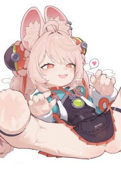 1girl absurdres ahoge animal_ear_piercing animal_ears animal_feet body_fur braid claw_pose commentary_request furry furry_female heart highres loli long_hair mirumiru_(mirumiruchan25) open_mouth pink_fur rabbit_ears rabbit_girl red_eyes simple_background solo speech_bubble spoken_heart spread_legs thick_eyebrows twin_braids upper_body white_background zenless_zone_zero zhao_(zenless_zone_zero)