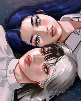 2girls absurdres aegyo_sal artist_name asian black_streaks blue_eyes blue_hair choppy_bangs close-up collared_shirt ear_piercing evening eyelashes forehead heterochromia high_collar highres kira_(zeebythesea) light_particles long_hair looking_at_viewer lying mole mole_on_cheek mole_on_forehead mole_on_neck mole_on_nose mole_under_eye multicolored_hair multiple_girls on_back original parted_bangs piercing red_eyes rotational_symmetry shadow shirt single_hair_streak straight_hair thick_eyebrows thick_lips two-tone_hair umi_(zeebythesea) water white_hair white_shirt zeebythesea