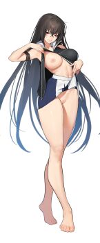1girl absurdres arm_belt barefoot beeeeen black_hair blue_skirt breasts censored cleft_of_venus clothes_lift crossed_bangs full_body hair_between_eyes highres kawakami_academy_school_uniform kawakami_momoyo large_breasts lifting_own_clothes long_hair looking_at_viewer maji_de_watashi_ni_koi_shinasai! mosaic_censoring navel nipples pussy red_eyes school_uniform skirt skirt_lift smile solo two-tone_skirt very_long_hair white_background white_skirt
