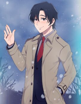 1boy black_hair black_jacket boku_dake_ga_inai_machi brown_coat brown_eyes closed_mouth coat commentary_request hand_in_pocket highres jacket long_sleeves looking_at_viewer male_focus necktie outdoors red_necktie short_hair smile solo winter yabu_(yb8548) yashiro_gaku