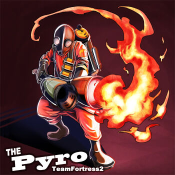 Rule 34 | 1boy, bandolier, belt, fire, flamethrower, gas mask, holding flamethrower, holding weapon, keisuke (pixiv42454), male focus, mask, pyro (tf2), red pyro (tf2), solo, team fortress 2, weapon