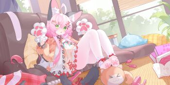 1girl absurdres ahoge animal_ear_fluff animal_ears animal_hands bow cat_ears cat_tail chestnut_mouth feet gloves green_eyes hair_between_eyes hair_ornament hairclip highres indoors jacket loli long_hair looking_at_viewer ningmeng_jing_jing_jing_jing no_shoes orange_jacket original panties panties_under_pantyhose pantyhose paw_gloves paw_print pink_hair sitting solo tail tail_bow tail_ornament underwear white_gloves white_panties white_pantyhose window