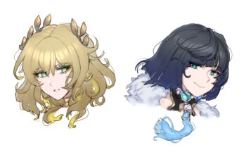 2girls aglaea_(honkai:_star_rail) aqua_eyes black_hair blonde_hair dice endou_aya genshin_impact green_eyes honkai:_star_rail honkai_(series) looking_at_viewer maji-pan mihoyo multiple_girls parted_lips short_hair simple_background smile voice_actor_connection white_background yelan_(genshin_impact)