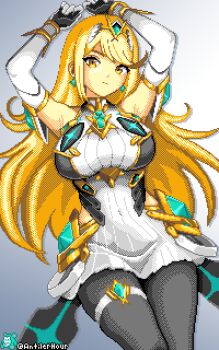 1girl antilerhour arm_guards arms_up artist_name bare_shoulders black_pantyhose blonde_hair breasts chest_jewel dress earrings elbow_gloves floating_earrings gloves highres jewelry large_breasts long_hair lying microdress mythra_(massive_melee)_(xenoblade) mythra_(xenoblade) neon_trim pantyhose solo swept_bangs thigh_strap tiara twitter_username very_long_hair white_dress white_gloves xenoblade_chronicles_(series) xenoblade_chronicles_2 yellow_eyes
