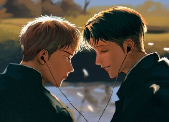 2boys alternate_costume alternate_universe black_hair brown_hair closed_eyes closed_mouth contemporary earphones freckles gakuran hashtag-only_commentary highres jean_kirstein lips looking_at_another male_focus marco_bott medium_sideburns multiple_boys o0_n0_aot_921 open_mouth school_uniform shared_earphones shingeki_no_kyojin short_hair sideburns yaoi