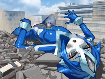 Rule 34 | 1girl, blue hair, bodysuit, car, city, commentary request, crotch stomping, giant, giantess, lying, motor vehicle, nikunopengin, on back, original, rubble, skin tight, stomping, sweat, ultra series, x-girl serena