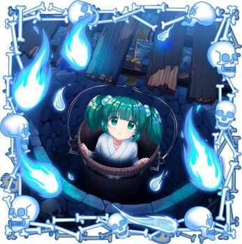 1girl bone bucket closed_mouth collarbone game_cg green_eyes green_hair hair_bobbles hair_ornament highres hitodama in_bucket in_container japanese_clothes kimono kisume long_sleeves looking_at_viewer medium_hair official_art rotte_(1109) skull solo third-party_source touhou touhou_lostword transparent_background twintails two_side_up well white_kimono wooden_bucket
