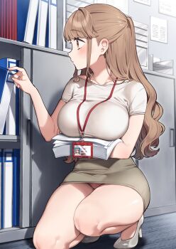 1girl absurdres blush breasts brown_eyes brown_hair chibi_kyonyuu high_heels highres id_card indoors kodama_sawa_(sakura_yuki) lanyard large_breasts long_hair office_lady panties pantyshot paper_stack sakura_yuki_(clochette) shirt short_sleeves skirt solo squatting thighs underwear