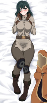 Rule 34 | 1girl, absurdres, bed, bed sheet, boots, bound, breasts, brown hood, commentary request, cuffs, dakimakura (medium), embarrassed, gloves, green eyes, green hair, handcuffs, highres, inazuma (57587842), lily (nier:automata), nier:automata, nier (series), restrained, shackles, simple background