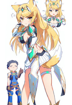 1boy 1girl :3 absurdres animal_ears arm_strap bakeneko1212 bare_shoulders black_hair blonde_hair breasts brown_gloves closed_eyes closed_mouth commentary_request dress earrings elbow_gloves feet_out_of_frame fox_ears fox_tail gem gloves green_gemstone hand_on_own_hip highres jewelry kemonomimi_mode large_breasts looking_at_viewer looking_back multiple_views mythra_(xenoblade) open_mouth paw_pose puff_of_air rex_(xenoblade) short_dress simple_background solo_focus tail thigh_strap thumbs_up tiara white_background white_dress white_gloves xenoblade_chronicles_(series) xenoblade_chronicles_2 yellow_eyes