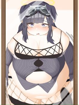 1girl animal_ears black_hair blue_archive blue_eyes blush breasts button_gap cleavage detached_sleeves embarrassed fat fat_woman fishnet_thighhighs fishnets floppy_ears goggles goggles_on_head halo hibiki_(blue_archive) highres kururu0402 large_breasts low_twintails midriff mirror navel off-shoulder open_mouth popped_button sidelocks skindentation solo standing thick_thighs thighhighs thighs tight_clothes twintails weight_gain