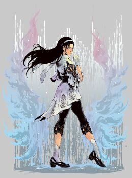 1girl absurdres black_eyes black_hair black_pants black_shoes dress floating_hair frown full_body gloves grey_background hairband highres jbstyle kazama_jun long_hair looking_at_viewer looking_back namco non-web_source official_art pants parted_lips shoes socks solo tekken tekken_2 tekken_8 tekken_tag_tournament tekken_tag_tournament_2 white_dress white_gloves white_hairband white_socks