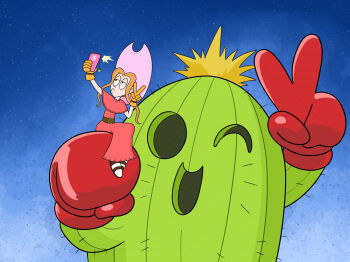 Rule 34 | boxing gloves, cactus, cellphone, digimon, digimon (creature), digimon adventure, highres, phone, plant, selfie, smartphone, spines, tachikawa mimi, time paradox, togemon