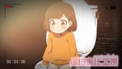 1girl animated arm_support blush blush_stickers bottomless brown_hair buddy_daddies cleft_of_venus closed_eyes closed_mouth female_focus flower hair_flower hair_ornament hairclip interior joutarou_(punianikobo) loli long_sleeves open_mouth orange_eyes orange_sweater paid_reward_available pee peeing pussy recording short_hair sitting smile solo sound spread_legs sweater teeth toilet toilet_use tongue unasaka_miri uncensored upper_teeth_only video viewfinder voyeur_pov voyeurism