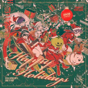 1boy 4girls absurdres animal_ear_hairband animal_ears antlers armor bag black_hair blue_hair bodysuit boots braid brain character_name christmas commentary deer_ears earrings english_commentary english_text eye_print eyepatch face_piercing fake_animal_ears fake_antlers flying gakuran gauntlets gift gloves grey_eyes hair_ornament hairband happy_holidays hat highres holding holding_bag holding_christmas_tree holding_gift holding_reins horns jacket jewelry kirifuji_nozomi last_defense_academy_school_uniform long_arms long_hair magadori_kyoshika masked mihen mixed-language_commentary mojiro_moko multicolored_hair multiple_girls neckerchief nigou_(hundred_line) omokage_yugamu oosuzuki_kurara piercing pointing pointing_forward ponytail print_eyepatch purple_hair red_boots red_hat red_jacket red_sailor_collar red_serafuku red_skirt reindeer_antlers reins roots_(hair) sailor_collar santa_hat school_uniform serafuku short_hair sitting skirt sleigh smile sweat sweatdrop the_hundred_line_-last_defense_academy- twin_braids white_bodysuit white_gloves white_hairband white_neckerchief