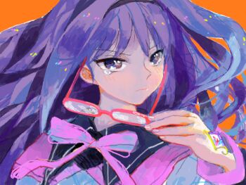 1girl akemi_homura akemi_homura_(magical_girl) bad_drawr_id bad_id bow determined hairband hiyoko_kantei_nau holding holding_removed_eyewear long_hair looking_at_viewer magical_girl mahou_shoujo_madoka_magica oekaki orange_background painterly portrait purple_eyes purple_hair red-framed_eyewear solo tearing_up unworn_eyewear v-shaped_eyebrows
