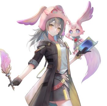 1girl aengdohwa black_coat black_gloves black_skirt book closed_mouth coat gloves highres holding holding_book honkai:_star_rail honkai_(series) long_hair looking_at_viewer mem_(honkai:_star_rail) open_clothes open_coat shirt simple_background skirt smile solo stelle_(honkai:_star_rail) trailblazer_(honkai:_star_rail) white_background white_shirt yellow_eyes